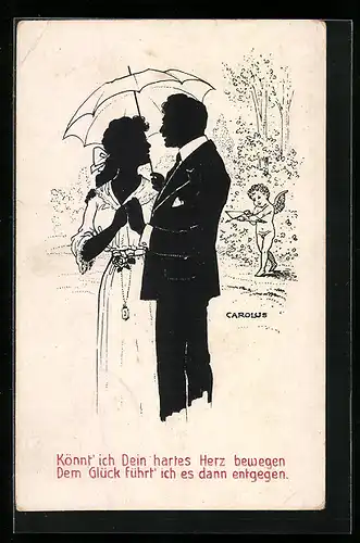 Künstler-AK sign.Carlous: Scherenschnitt, Mann und Frau unter einem Regenschirm, im Hintergrund Amor