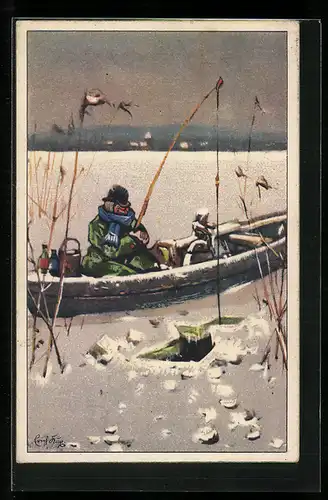 Künstler-AK sign. Erich Kux: Der Angler, Herr beim Eisangeln