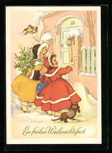 Künstler-AK sign. Elisabeth: Junge Frauen zu Besuch zur Weihnachtszeit