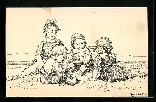Künstler-AK sign. Jac. Happ: Kinder picknicken auf einer Wiese