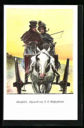 Künstler-AK sign. P. F. Messerschmitt: Junges Paar auf einer Kutsche