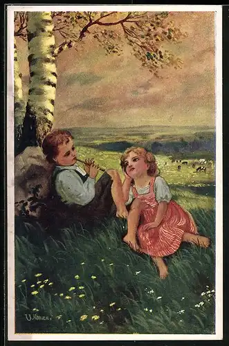 Künstler-AK sign. V. Honza: Kinder mit Flöte auf einer Wiese