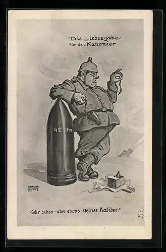 Künstler-AK sign. Lehmann-Dumont: Soldat mit kleinen Würstchen und grosser Granate