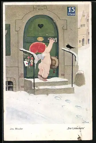 Künstler-AK sign. Jos. Mauder: Kleiner Liebesbote an einer Tür