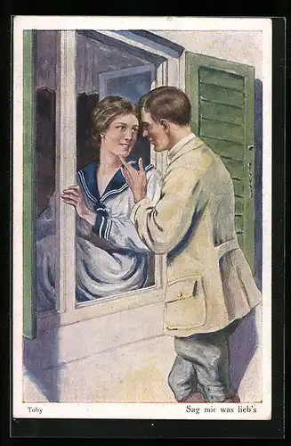 Künstler-AK sign. Toby: Herr mit Frau im Matrosenanzug am Fenster