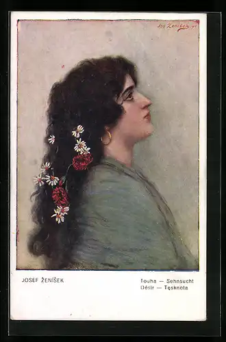 Künstler-AK sign. Josef Zenisek: Schwarzhaarige Schönheit mit Blumen im Haar