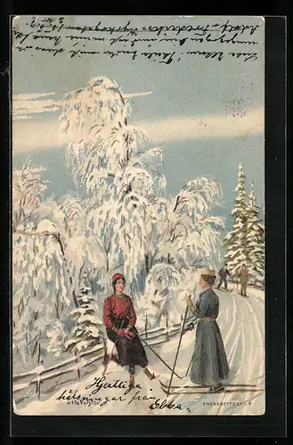 Künstler-AK sign. Otto Valstad: Skifahrer im Wald