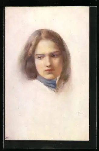 Künstler-AK sign. M. Lewis: Junge Frau mit nachdenklichem Blick