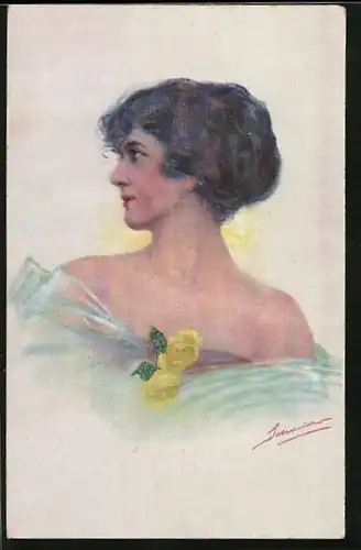 Künstler-AK sign. Schneider: Junge Dame im Kleid mit Blumen