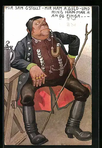 AK Mann in bayerischer Tracht mit Pfeife im Mund