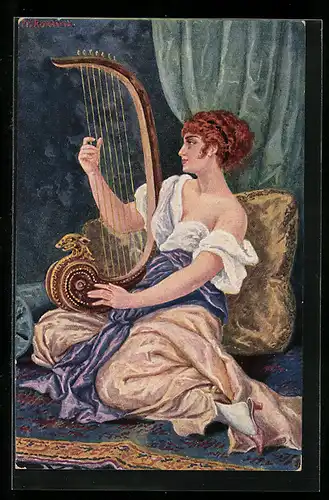 Künstler-AK sign. Fr. Rowland: Dame spielt auf einer Harfe