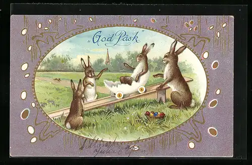 Lithographie Osterhasen auf der Rutsche, God Pask