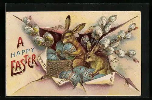AK Osterhasen mit Ostereiern