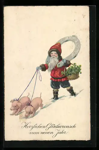 AK Weihnachtsmann mit Hufeisen und Glücksschweinen