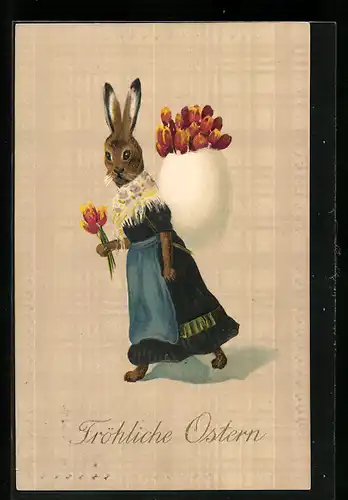 AK Osterhäsin mit Ei als Rucksack voller Tulpen