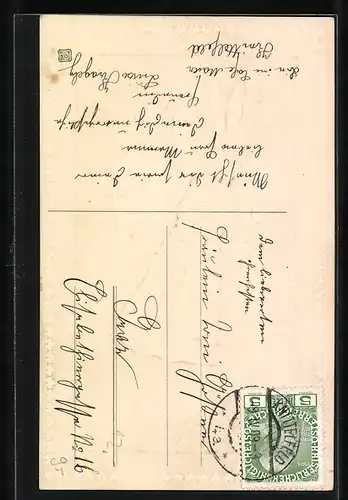 AK Osterhäsin mit Ei als Rucksack voller Tulpen