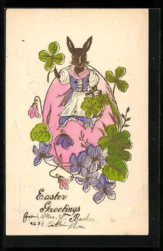 AK Osterhase mit Kleeblättern und Veilchen