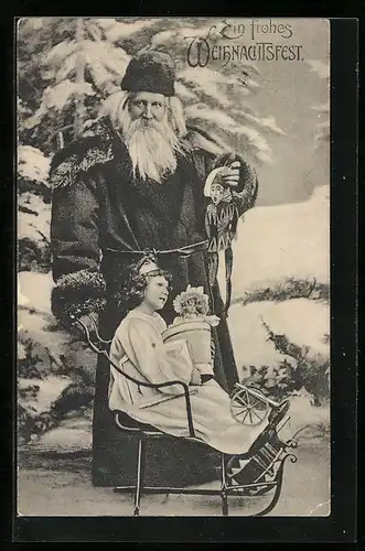 AK Weihnachtsmann mit Kind im Schlitten
