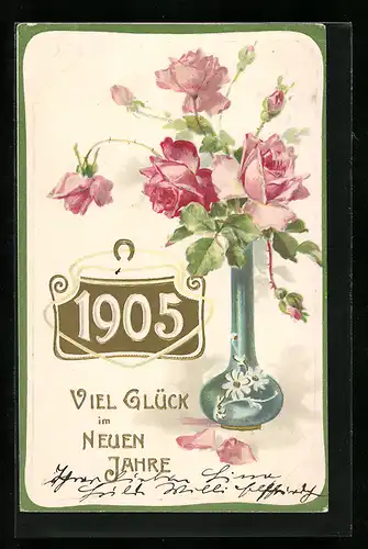 AK Jahreszahl 1905 mit Rosen in einer Vase, Goldverzierungen
