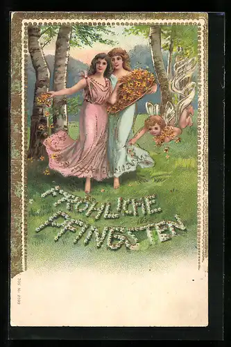 AK Fröhliche Pfingsten, Zwei hübsche Mädchen mit einem Korb voller Blüten