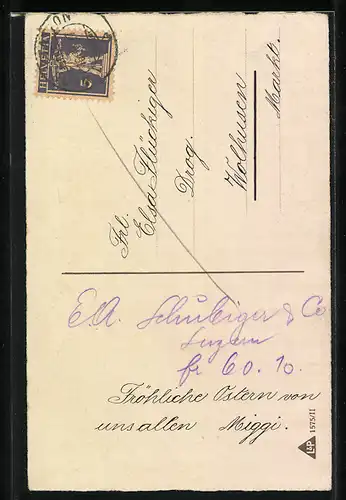 AK Junge mit Osterhasen in der Schubkarre