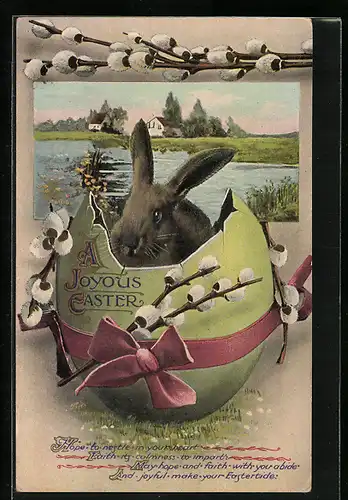 AK Uferlandschaft mit Haus und Osterhase im Osterei, Kätzchenzweige