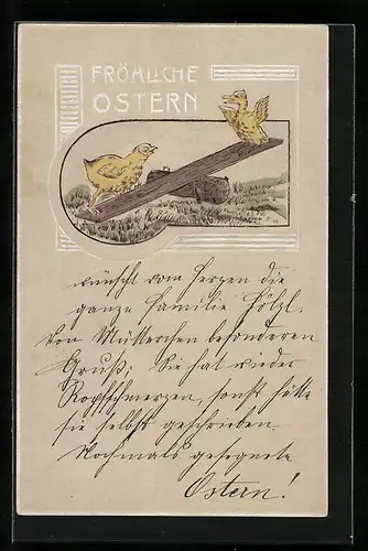 AK Osterküken auf der Wippe, Fröhliche Ostern