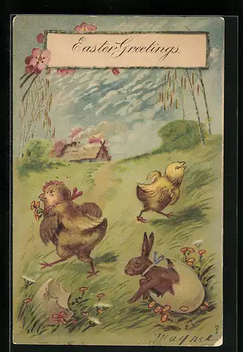 AK Osterküken und Osterhase auf der Wiese