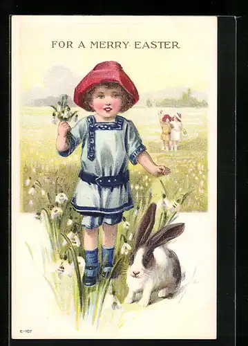AK For a merry Easter, Junge mit Osterhasen