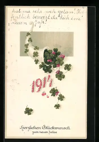 AK Jahreszahl 1914, Füllhorn mit Kleeblättern, Neujahr