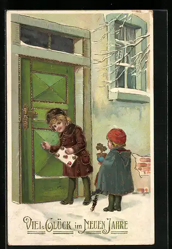 AK Kinder im Schnee mit Kleeblatt-Topf zu Neujahr