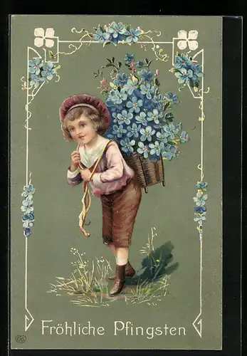 AK Junge mit Korb voller Vergissmeinnicht, Fröhliche Pfingsten