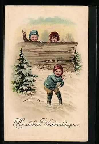 AK Kinder bewerfen ein anderes Kind mit Schneebällen, Weihnachten
