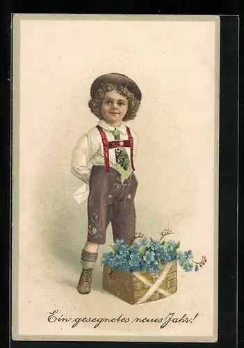 AK Junge mit Vergissmeinnicht zu Neujahr