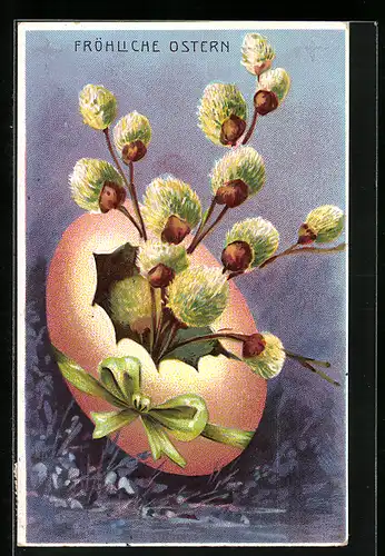 AK Osterei mit Palmkätzchenzweigen zu Ostern