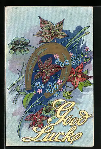 AK Good Luck, Hufeisen und Blätter