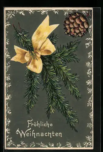 AK Tannenzweig mit Schleife zu Weihnachten