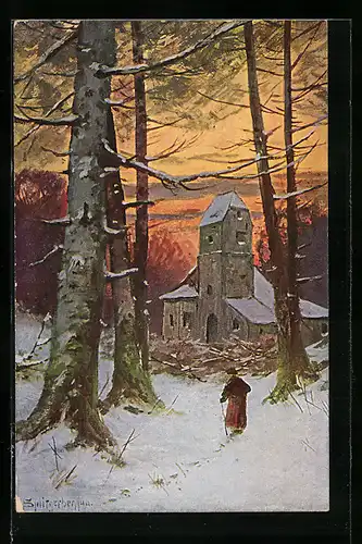 Künstler-AK August Splitgerber: Kirche im winterlichen Wald