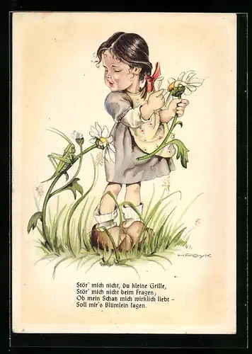 Künstler-AK Hilla Peyk: Junges Mädchen im Kleid pflückt Blumen und betrachtet einen Grashüpfer