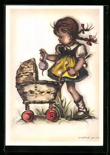Künstler-AK Hilla Peyk: Mädchen in Trachtenkleidern mit Puppenwagen