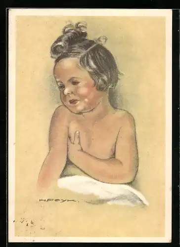 Künstler-AK Hilla Peyk: Mädchen mit Lockenwickler