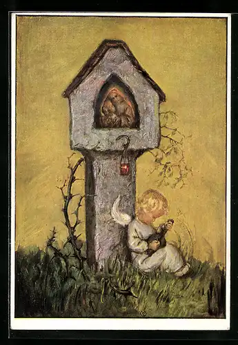 Künstler-AK Maria Spötl: Engel mit Gitarre am Bildstock