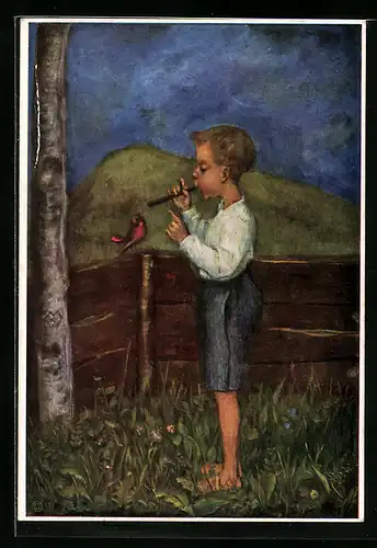 Künstler-AK Maria Spötl: Junge mit Flöte und Singvogel