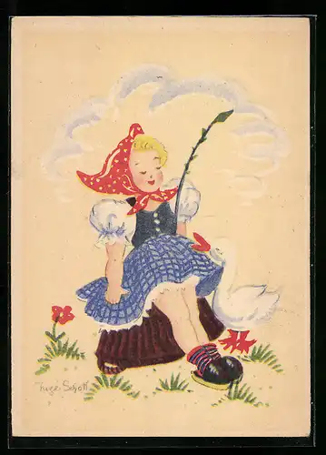 Künstler-AK Inge Schott: Mädchen mit Gans auf einem Korb