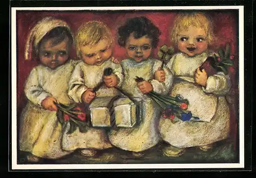 Künstler-AK Maria Spötl: Wir gratulieren, Kinder mit Blumen
