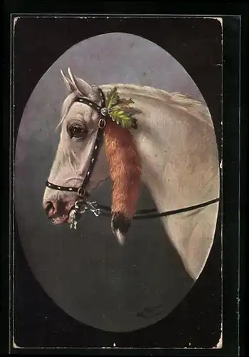 Künstler-AK Alfred Schönian: Pferd geschmückt mit Fuchsschwanz