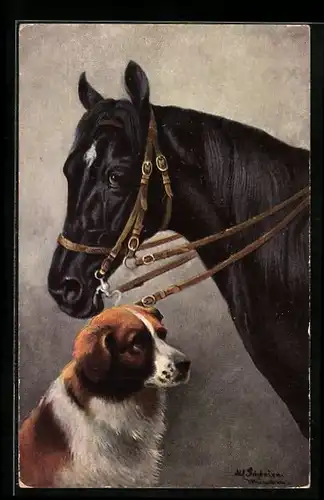 Künstler-AK Alfred Schönian: Schwarzes Pferd mit Hund