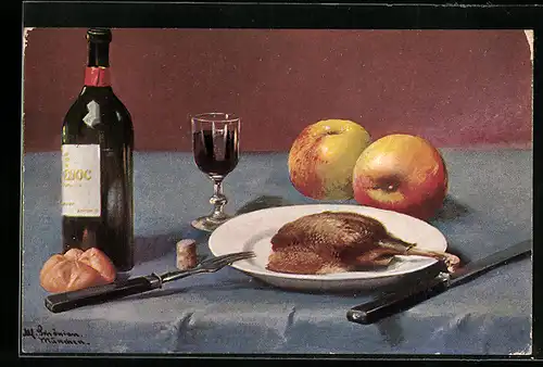 Künstler-AK Alfred Schönian: Stillleben, Wein, Äpfel und Geflügelkeule auf einem Tisch arrangiert