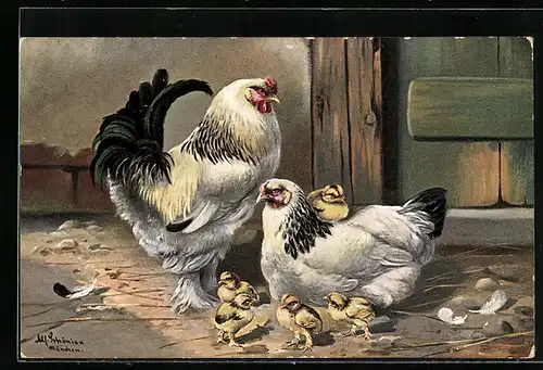 Künstler-AK Alfred Schönian: Hahn mit Henne und Küken
