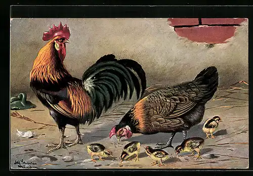 Künstler-AK Alfred Schönian: Hahn mit Henne und Küken
